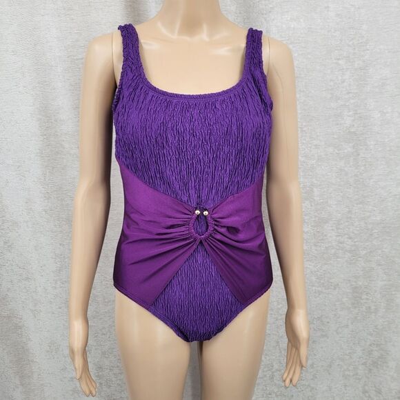 Oscar De La Renta Vintage Royal Purple One Piece Swimsuit Shirring Satin